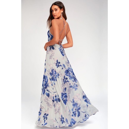Lulus All I Need Grey Floral Print Lace-Up Maxi Dress Blue Size XL NEW - Picture 5 of 15