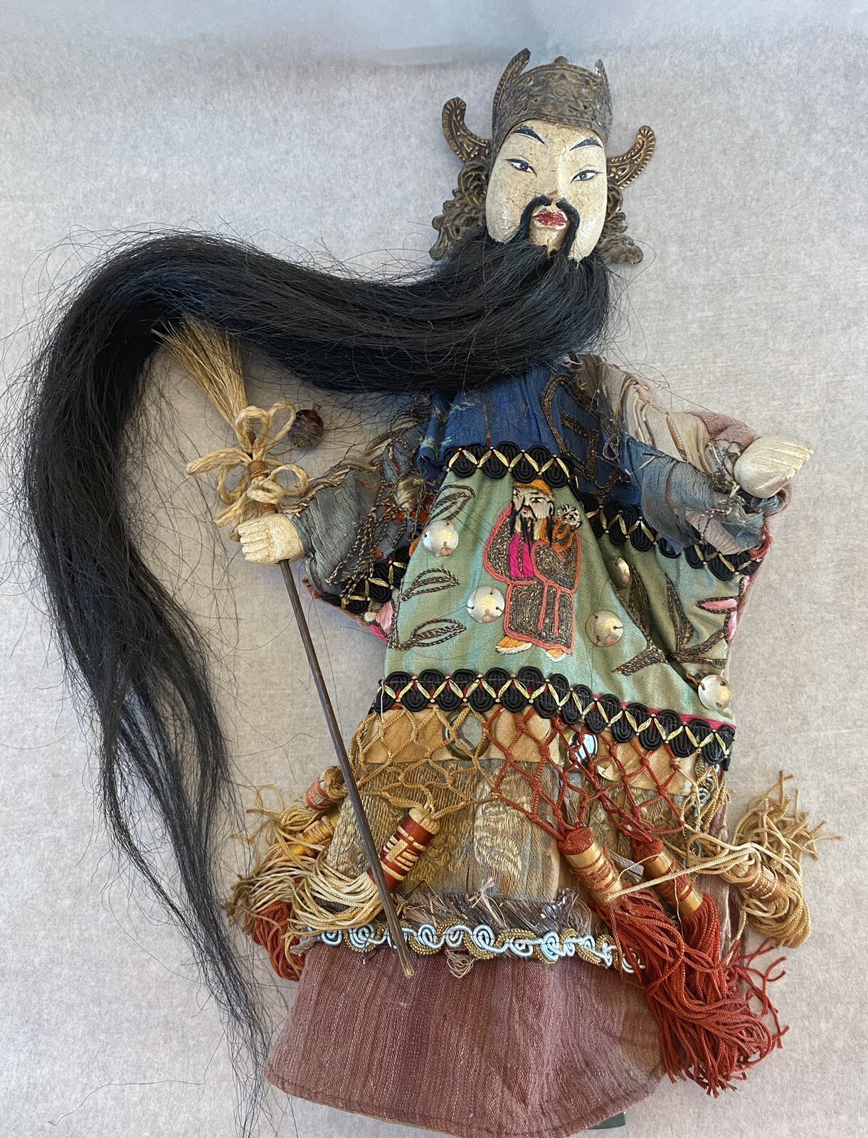 Vintage Chinese Opera Puppet Hand Carved  Intricate Embroidery Horse Tail Beard