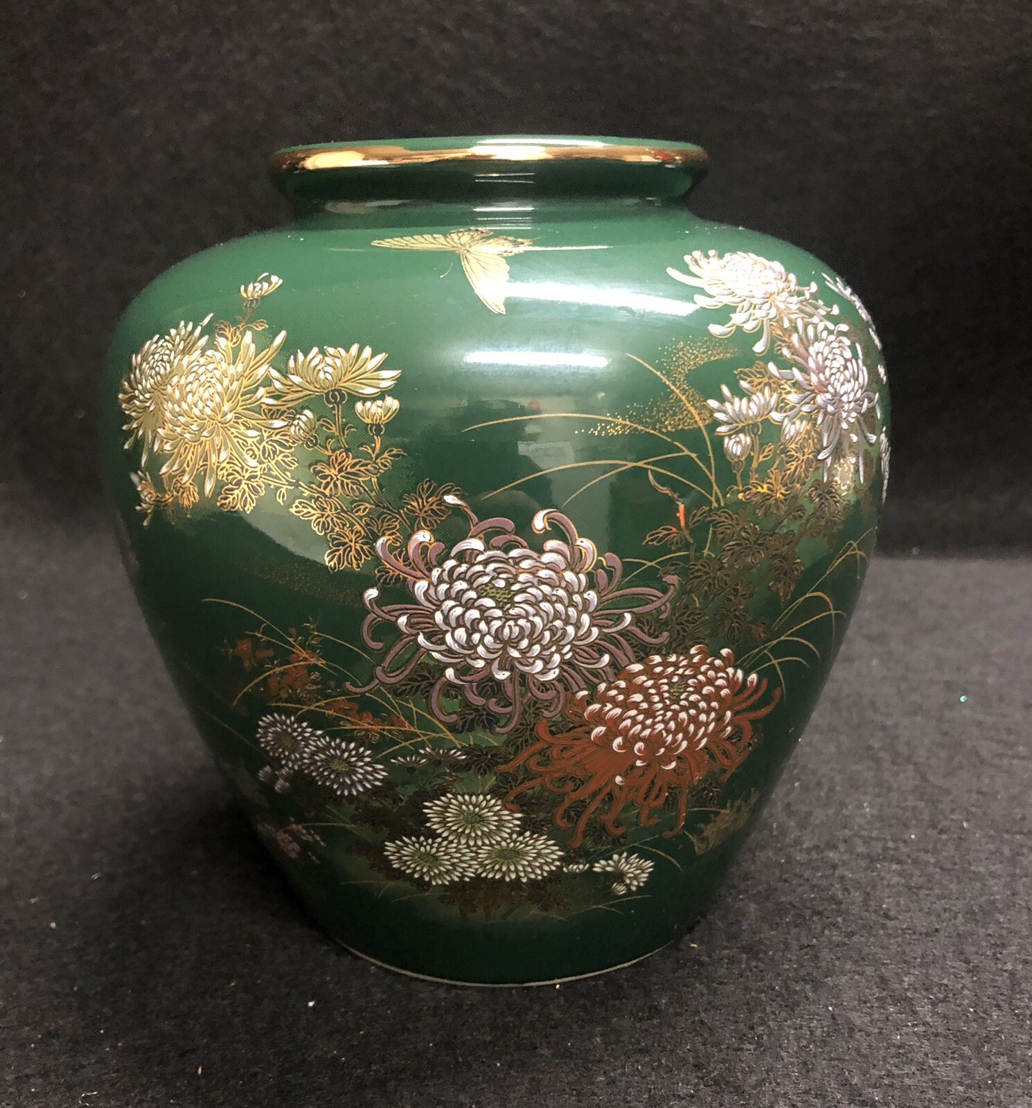 Vintage Toyo Jade Kiku Green Round Vase w/ Flowers Butterflies Gold