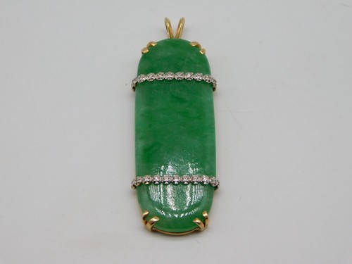 CHINESE EXPORT 14K YELLOW GOLD GREEN JADE DIAMOND STONE PENDANT - Picture 4 of 11