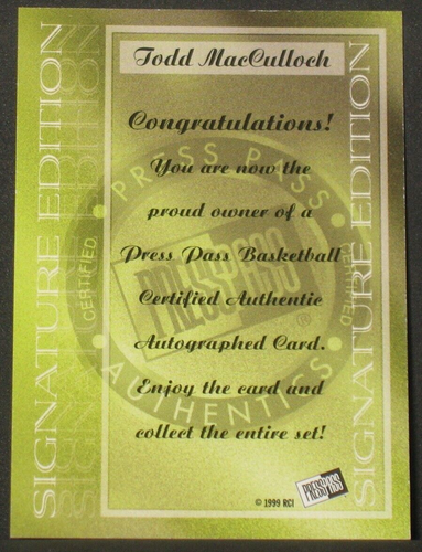 Pase de prensa Todd MacCulloch 1999 SE autógrafo novato Washington Huskies Nets - Imagen 2 de 2