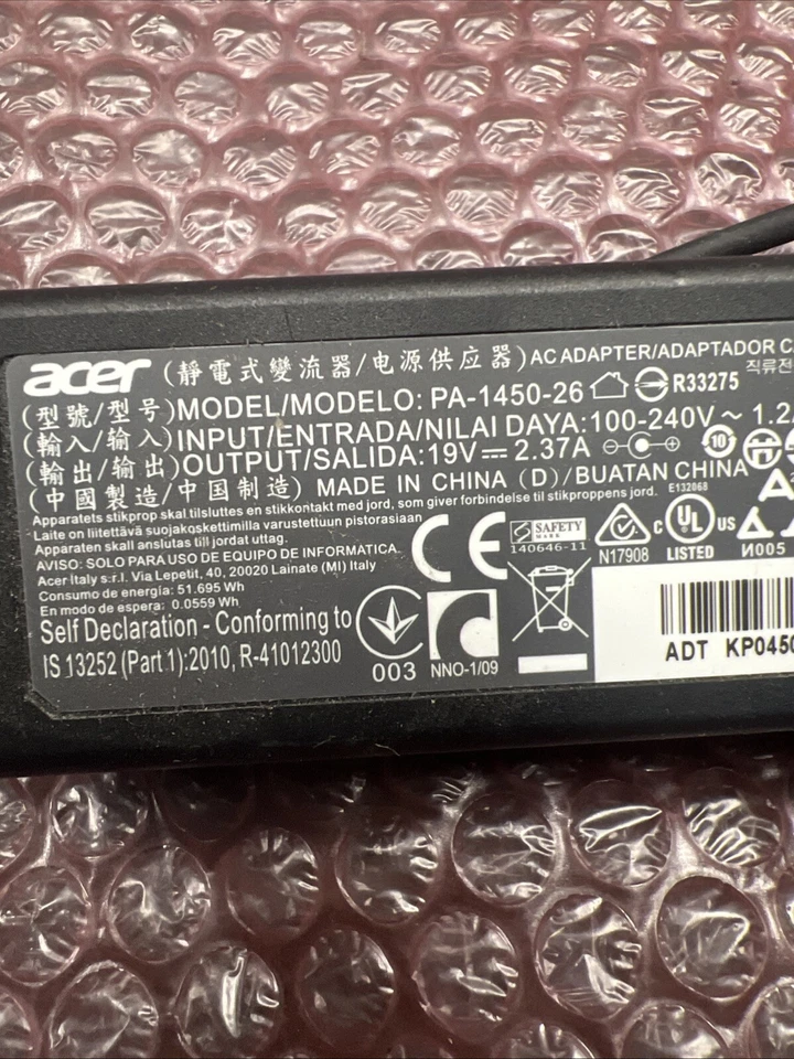 Adaptador de corriente alterna original Acer 19V 2.37A 45W Aspire cargador para computadora portátil PA-1450-26 Foto 4 de 4