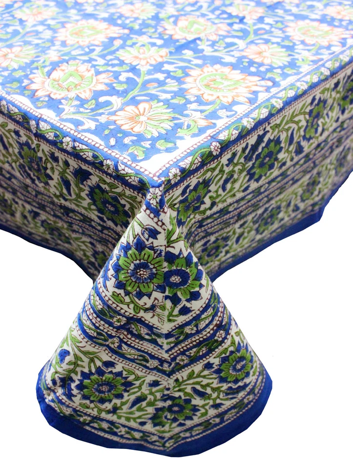 Hand Block Print Tablecloth Napkins 100%cotton Floral Rectangular 150*220cm Blue - Image 3 of 4