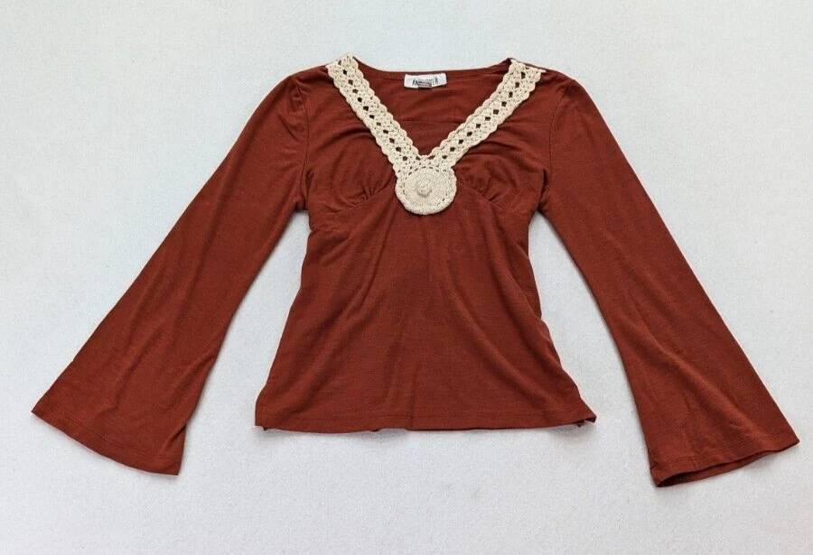 Amy Byer Girls Top Burnt Orange Long Sleeve Crochet Neck Bell Sleeve Size Large - Image 2 of 4