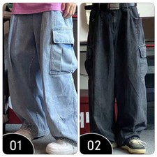 Men Baggy Jeans Denim Pants Cargo Pockets Loose Wide Leg Big Pocket Trousers