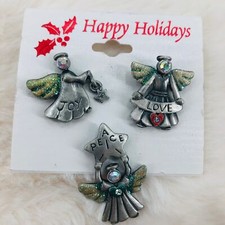 Kenneth Cole Christmas Angel Pewter Scatter Pin Set of 3 - Peace Love Joy
