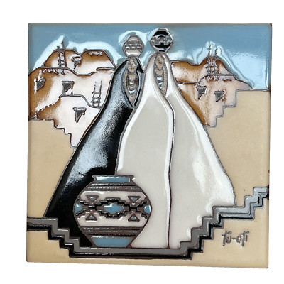 Vtg-Earthtones Ceramic Tile Trivet Art Native Amer. So.Western/Tu-Oti Wall Art