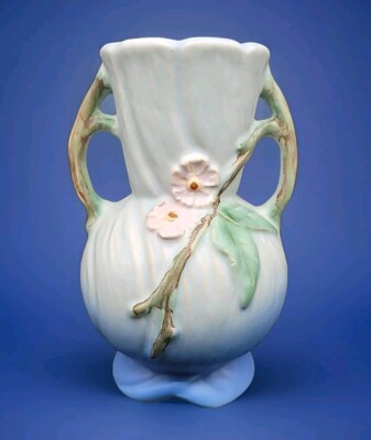 Weller Pottery Roba R-2 6.5'' Double Handled Vase 1927-35 Blue with Mauve Flowers
