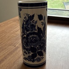 Dutch Delft Blue & White Hand Painted Floral Cylinder Ceramic Vase MPN 401