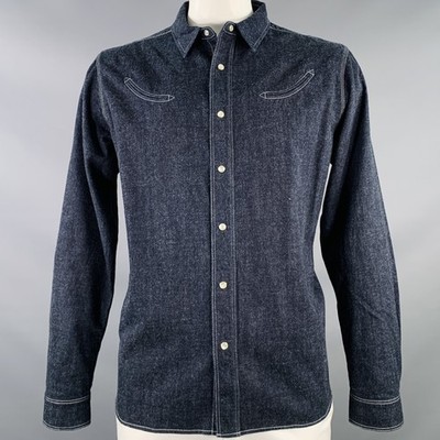 YMC Größe L Billy Bob Marineblau Indigo Kontrastnaht Denim Western Langarmhemd