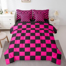 Checkered 7 Piece Bedding Set Teen Dark Red Black Plaid Comforter Set with Sh...