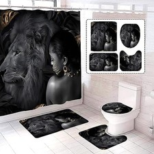 African Women and Lion Grey Shower Curtain Set with Non-Slip Rugs and Toilet ...
