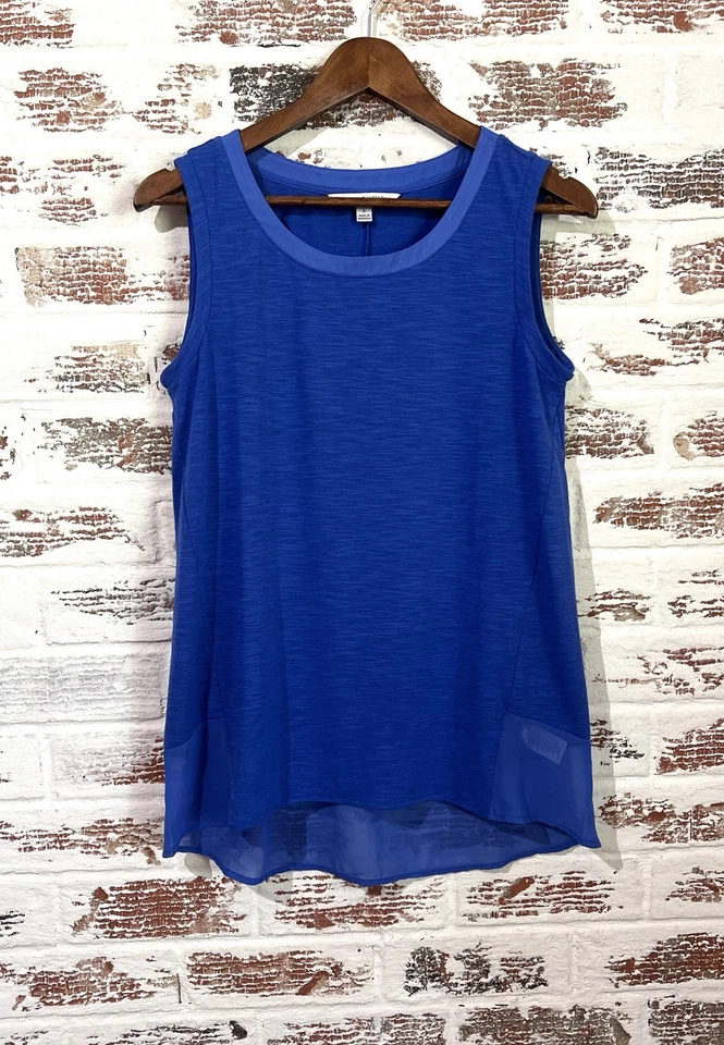 Adrienne Vittadini Tank Top True Blue Cobalt Sleeveless High Low Sheer Trim Sz S — 第 2/4 张图片