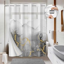 No Hook Shower Curtain with Snap in Liner Set, Abstract White and Gold Grey