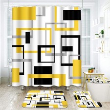 Geometric Yellow and Gray Bathroom Set with Shower Curtain Rugs Accessories, ...