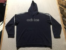 Adidas Hoodie Mens 2XL Navy Blue White Three Striped Pocket Hooded Spell Out
