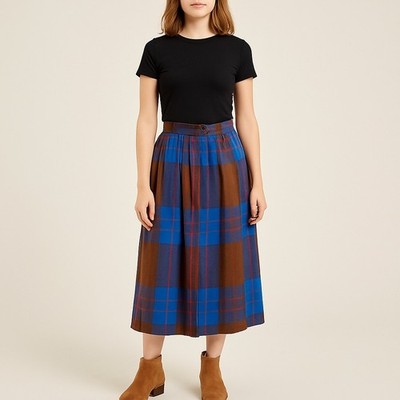 Vintage Liz Claiborne Wool Plaid Midi Skirt Brown Blue Red 70s 80s