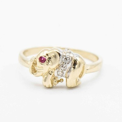 Strukturierter CZ Elefant mit Rubin Augen Ring echt massiv 10K Gelb Weißgold