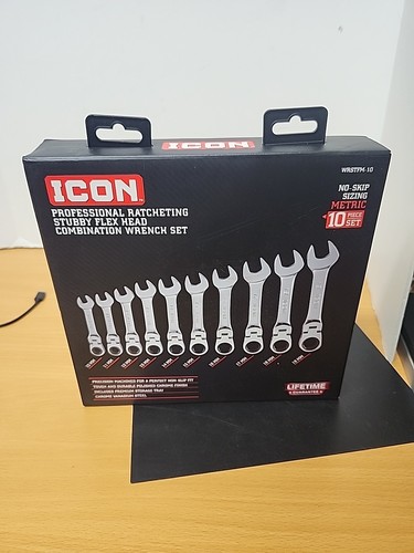 Icon WRSTFM-10 Metric Ratcheting Stubby Flex Head Combo Wrench Set 10Pc 10-19mm
