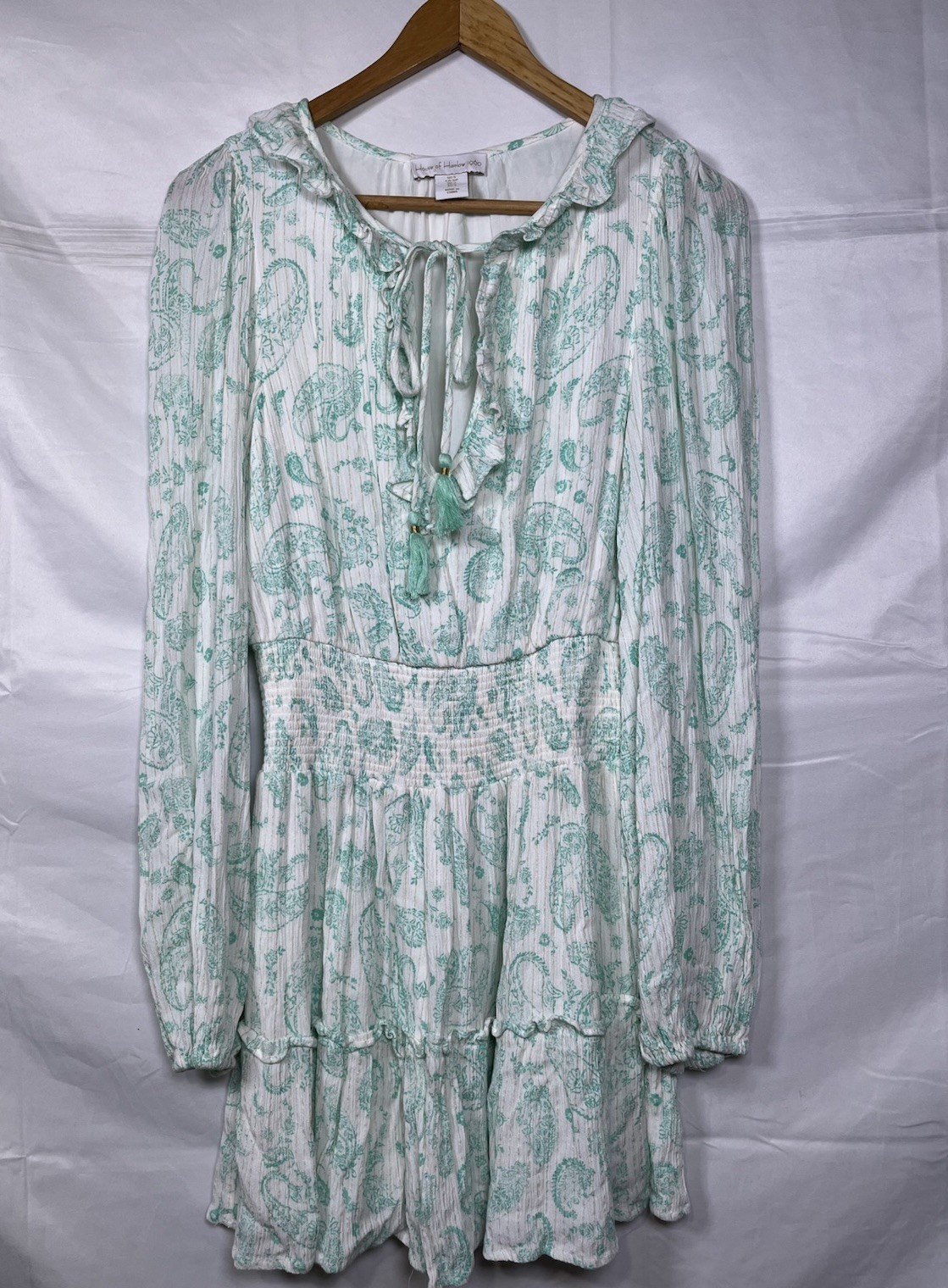 House of Harlow 1960 Dress Womens Small Paisley Long Sleeve Boho Tassel Mini