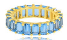 7.95CT AAA BLUE TOPAZ 14K YELLOW GOLD EMERALD CUT SHARED PRONG ETERNITY FUN RING