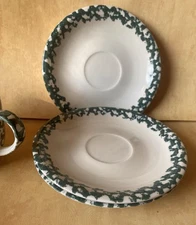 Set of 3 Folk Craft Tienshan Moose Country Ceramic 6.5” Saucers Green Spongeware