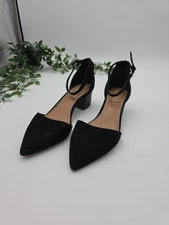 Crown Vintage Black Suede Block Heels Ankle Strap Sz 7.5 Pointed Toe