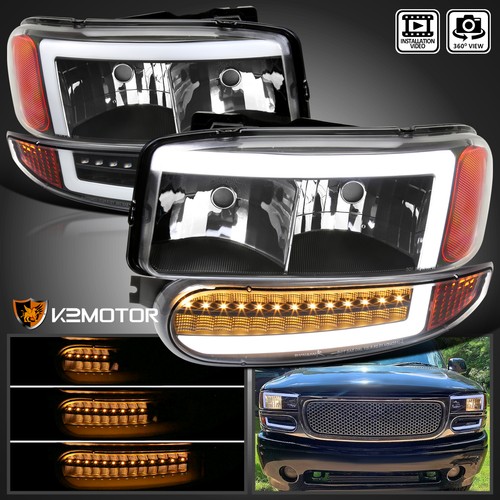 Fits Black 2000-2006 GMC Sierra Yukon XL Denali LED DRL Headlights+Bumper Lamps