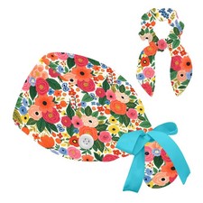 Floral Scrub Cap Women Ponytail Adjustable Surgical Cap Buttons Nurse 1 PCS
