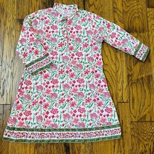 Victoria Dunn Women XL Shirt Dress 100% Cotton Pink Green Floral Lined Pockets
