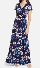 Eliza J Festive Blue Faux Wrap Stretch Maxi Dress Floral Size 4 Holiday Party