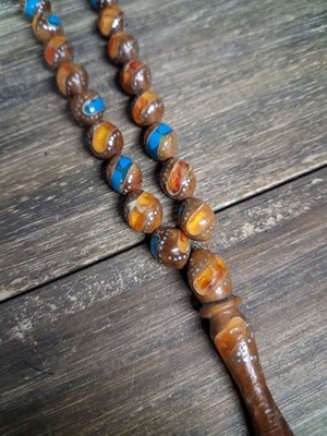 Vintage Kuka Tasbih Islamic Prayer Bead Misbaha Orange Blue Inlay 33 Bead Rosary