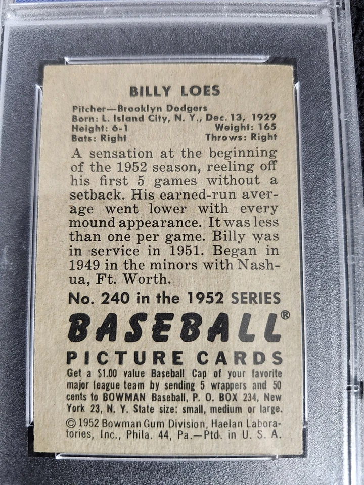 1952 Bowman - Billy Loes #240 (RC) PSA Graded EX-MT 6 Vintage Baseball Card - Image 4 of 4
