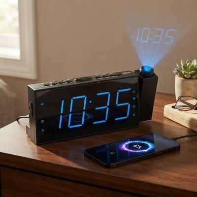 Projection Alarm Clock for Bedroom with FM Radio, 7'' Large LED Display with D...
