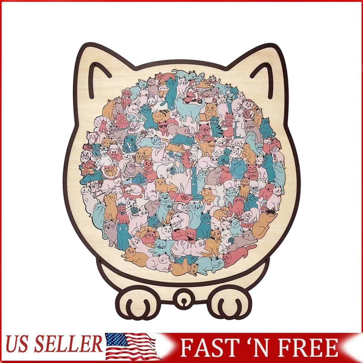 135-Piece Morandi-Colored Cat Shaped Wooden Jigsaw Puzzle Gift NEW