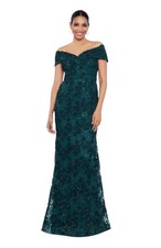 Xscape Women's Green Off-the-Shoulder Lace Gown Sequin Embroidered Size 12