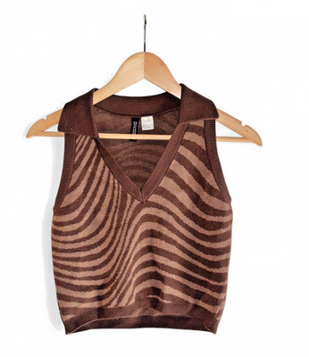 H&M braune Cropped-Strickweste mit Animalprint und Kragen - Größe - Small - Smart