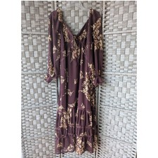 Burgundy Floral Long Sleeve Maxi Dress Smocked Tiered Chiffon Boho Cottagecore