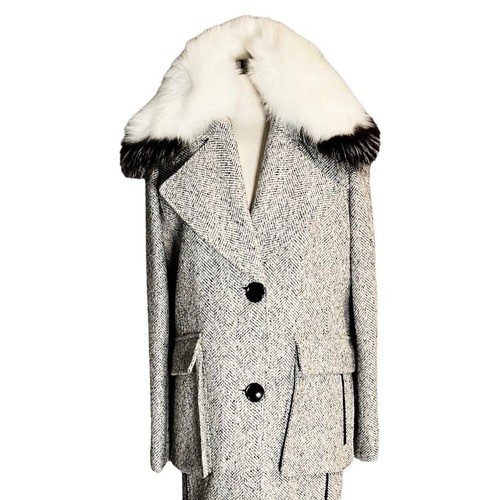 DEREK LAM 10 CROSBY Tweed Coat Wool Fur Collar Pockets White Black Designer 8 - Picture 12 of 14