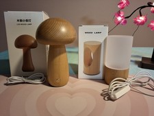NEW Modern Wooden LED Lamp Bundle - Mushroom Nightlight  Cylindrical Desk Lamp