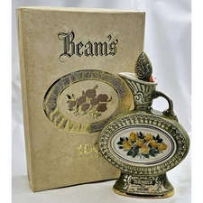 Vtg 150 Months Jim Beam Whiskey Decanter W/Box 1969 Green w/Yellow Roses Empty
