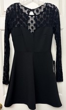 Lulus Black Polka Dot Sheer Mesh Fit & Flare Dress M Long Sleeve Made in the USA