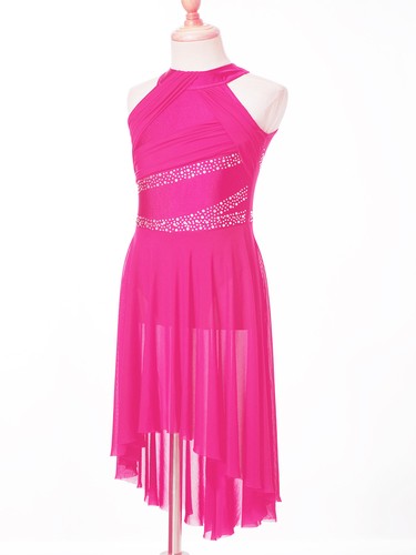Kids Girl's Lyrical Dance Dress Sleeveless Rhinestone High-Low Leotard Dresses - Picture 55 of 62