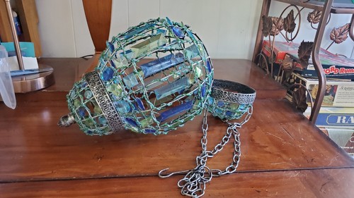 VTG Moroccan/Boho Style Large Hanging Lamp/Candle Holder Luminary Blue/Green - Picture 2 of 7