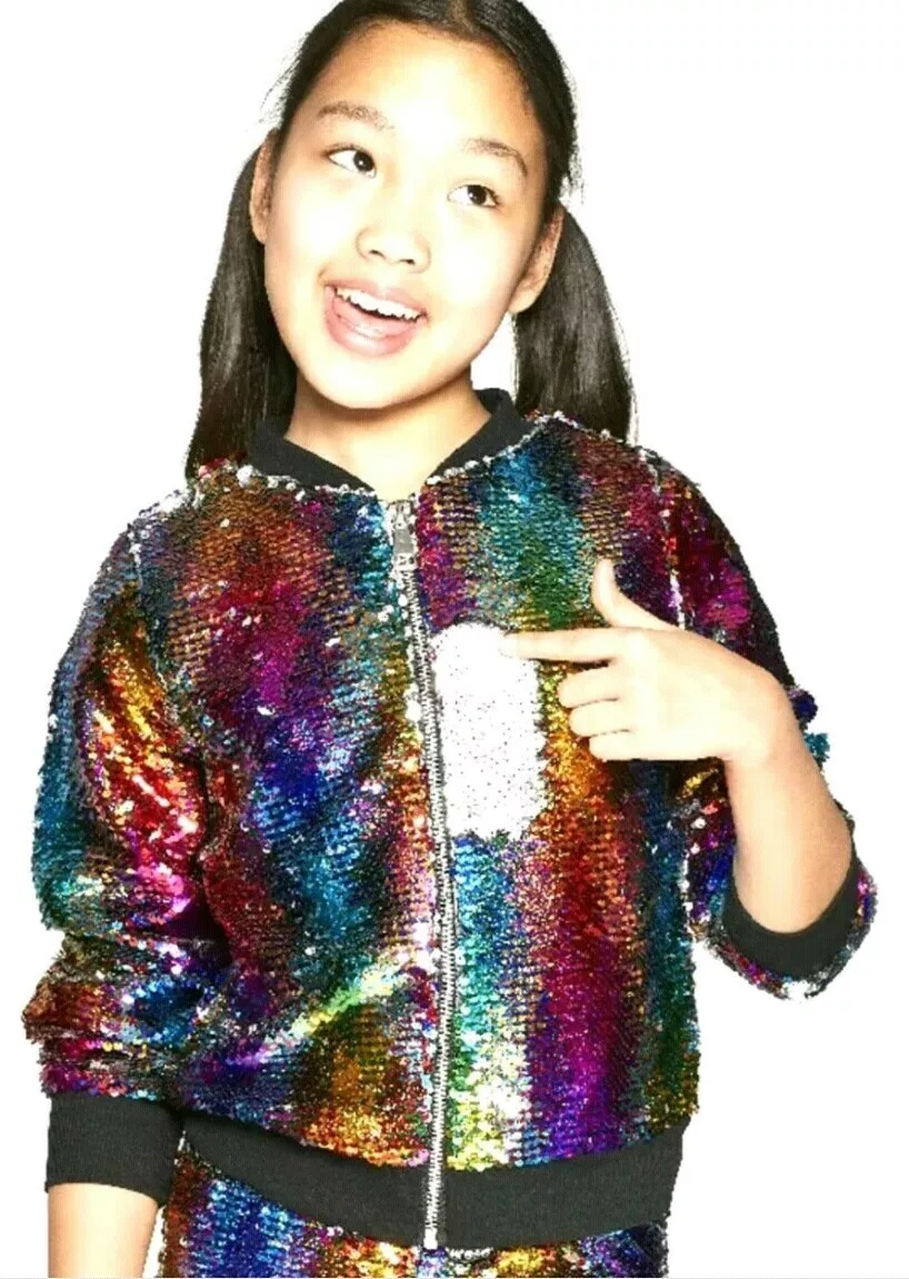 Jojo Siwa Closet Neon Rainbow Sequin Bomber Jacket XS S M L XL 4 5 6 8 10