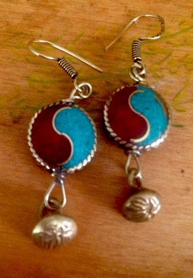 Yin Yang Solid Brass Coral  And Turquoise Earrings 1 Of A Kind Be Unique