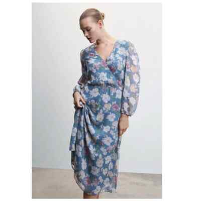 Mango Prairie Dress Size 20 Blue Kuk Floral Chiffon Midi Faux Wrap Puff  Sleeves | eBay