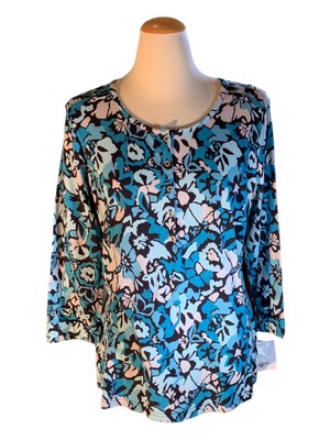 Croft & Barrow Print Henley BLUE Size M 3/4 Sleeve Scoop Neck NWT