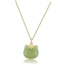 Green Natural Jade Necklace, Cat Shape Jade Pendant for Women, Jade Green Cat