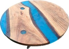 Tavolino da Caffè Rotondo in Legno Naturale Resina Epossidica Blu per Casa Soggiorno Decò